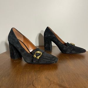 Coach Black Suede Heels with Gold Buckle